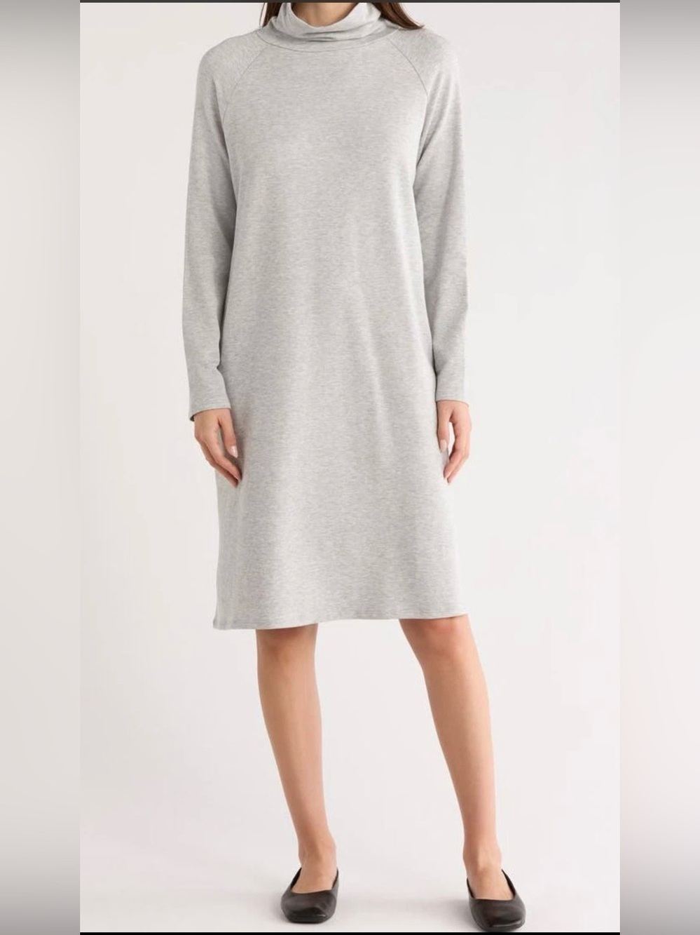 Eileen Fisher Cozy Brushed Terry Hug Funnel Neck Dress Gray Long-Sleeve NEW